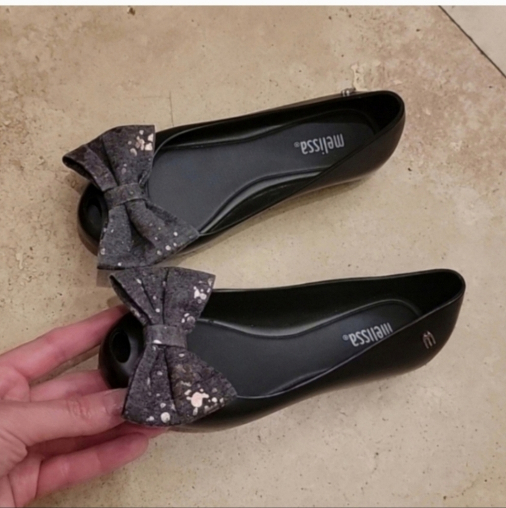 Mini Melissa Black Flats with Speckled Bow